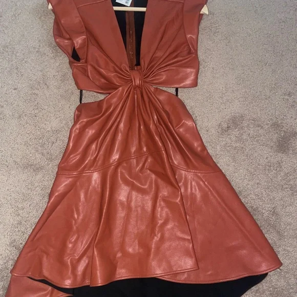 A.L.C Lexi orange or brown vegan leather v neck cutout mini dress - Picture 10 of 12